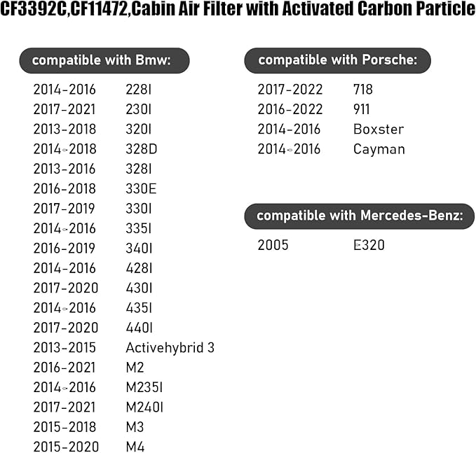 CF11472,Cabin Air Filter with activated carbon particle for BMW,228I,230I,320I,328D,328I,330E,330I,335I,340I,428I,430I,435I,440I,Activehybrid 3,M2,M235I,M240I,M3,M4.Mercedes-Benz,E320.Porsche.