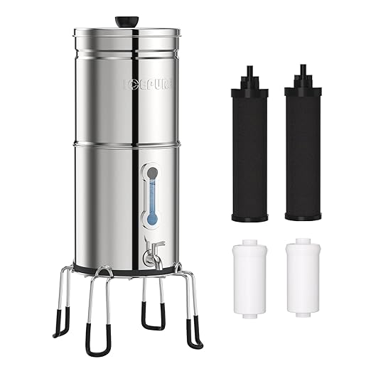 ICEPURE 3G Gravity Water Filter System with Water Level Window, Multi-Stage Filter, Stainless Steel Countertop Gravity fed Filtration with 4 Filters and Stand Reduce Microplastics, Lead & Total PFAS