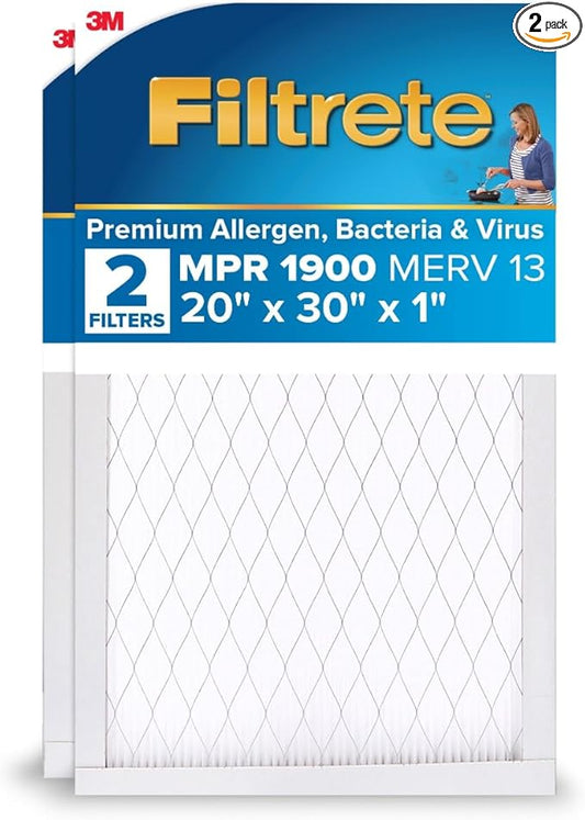 Filtrete 20x30x1 AC Furnace Air Filter, MERV 13, MPR 1900, Premium Allergen, Bacteria & Virus Filter, 3-Month Pleated 1-Inch Electrostatic Air Cleaning Filter, 2-Pack (Actual Size 19.81x29.81x0.78 in)