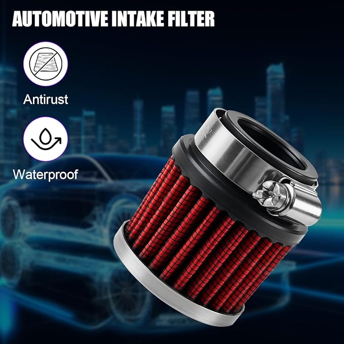 Car Air Intake Filter, 1" 25mm Inlet Valve Cold Air Intake Filter Cleaner with Adjustable Clamp, Hight Flow Performance Auto Crankcase Breather Filter Replacement, Universal Fit (Red)