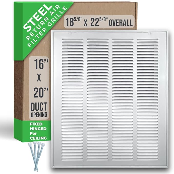 Fits 16x20 Duct Opening | Steel Return Air Filter Grille by Handua [Fixed Hinged] for 1-inch Filters | Vent Cover Grill for Sidewall and Ceiling | White | Outer Dimensions: 18 5/8"W X 22 5/8"H