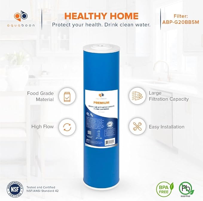 Aquaboon 5 Micron 20 x 4.5 Whole House Water Filter Replacement Cartridge Grabular Activated Carbon (GAG) for 1-Stage Water Filtration System 6 Pack