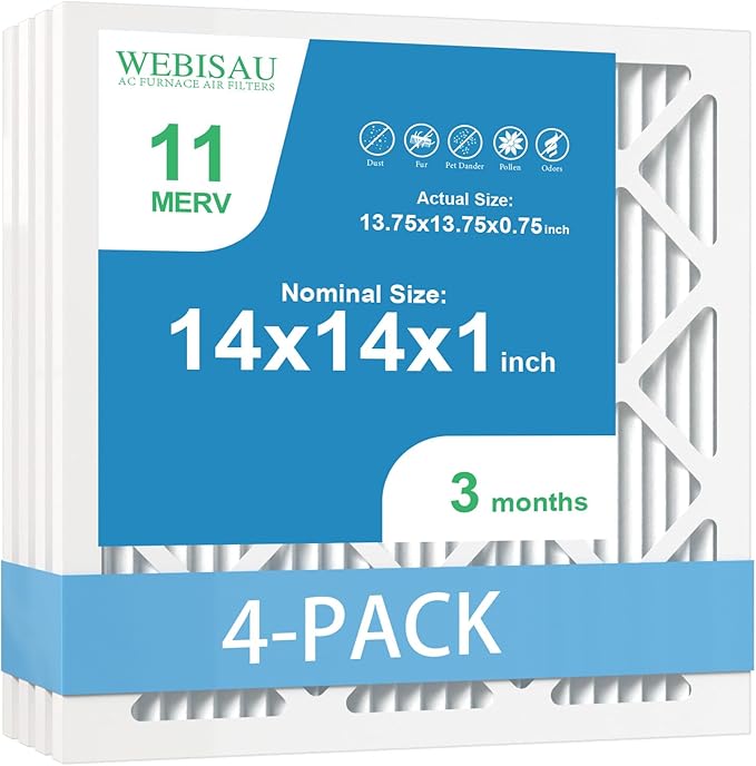 14x14x1 Air Filter MERV 11 MPR 1000 Furnace Filters 4Pack Pleated HVAC AC Furnace Air Conditioner Filters (Exact size: 13 3/4"x13 3/4"x3/4")