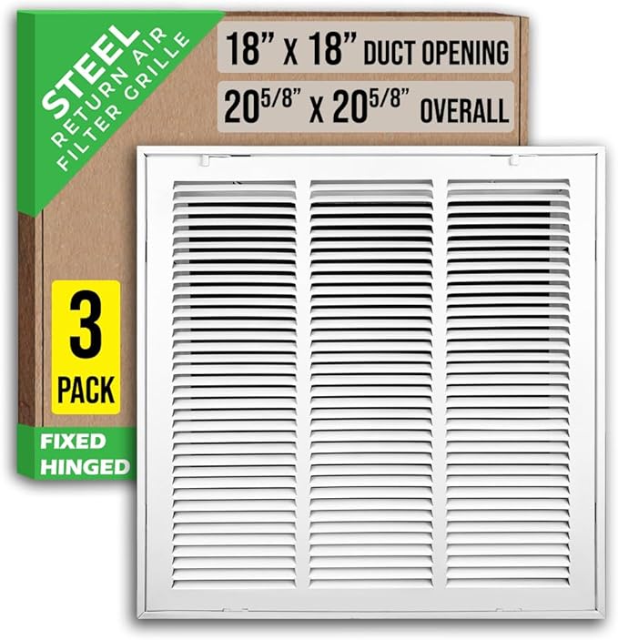 [3 Pack] Fits 18x18 Duct Opening | Steel Return Air Filter Grille by Handua [Fixed Hinged] Vent Cover Grill for Sidewall and Ceiling | White | Outer Dimensions: 20 5/8"W X 20 5/8"H