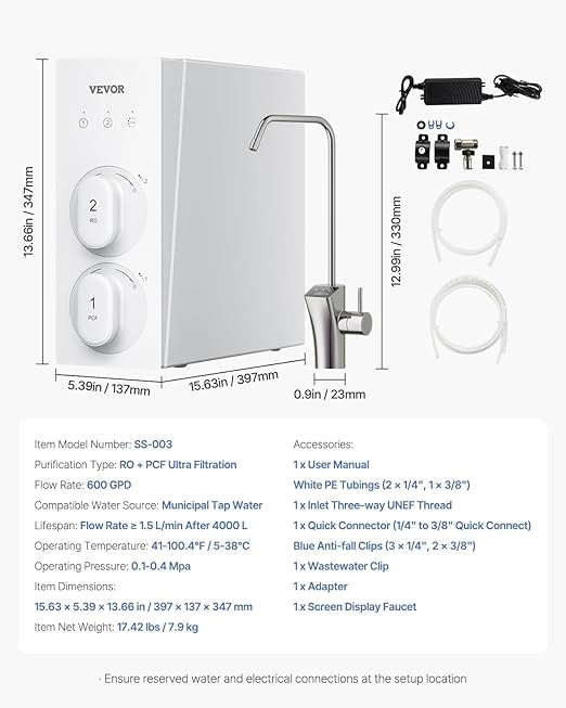 VEVOR Reverse Osmosis System, 600 GPD 8-Stage Tankless Reverse Osmosis Water Filter, Under Sink Water Filtration System with Smart Display Faucet, 2:1 Pure to Drain Ratio