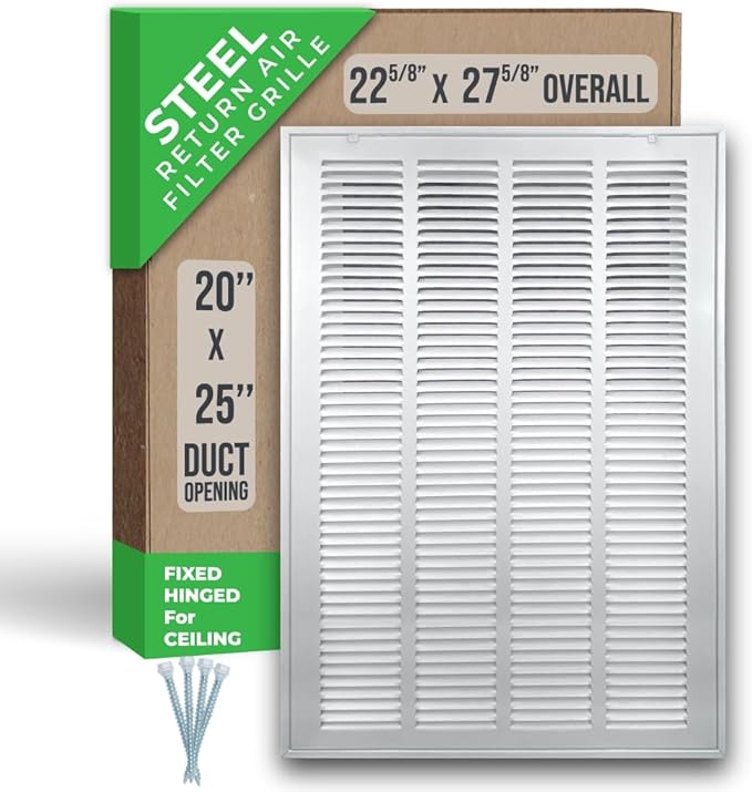 Fits 20x25 Duct Opening | Steel Return Air Filter Grille by Handua [Fixed Hinged] for 1-inch Filters | Vent Cover Grill for Sidewall and Ceiling | White | Outer Dimensions: 22 5/8"W X 27 5/8"H
