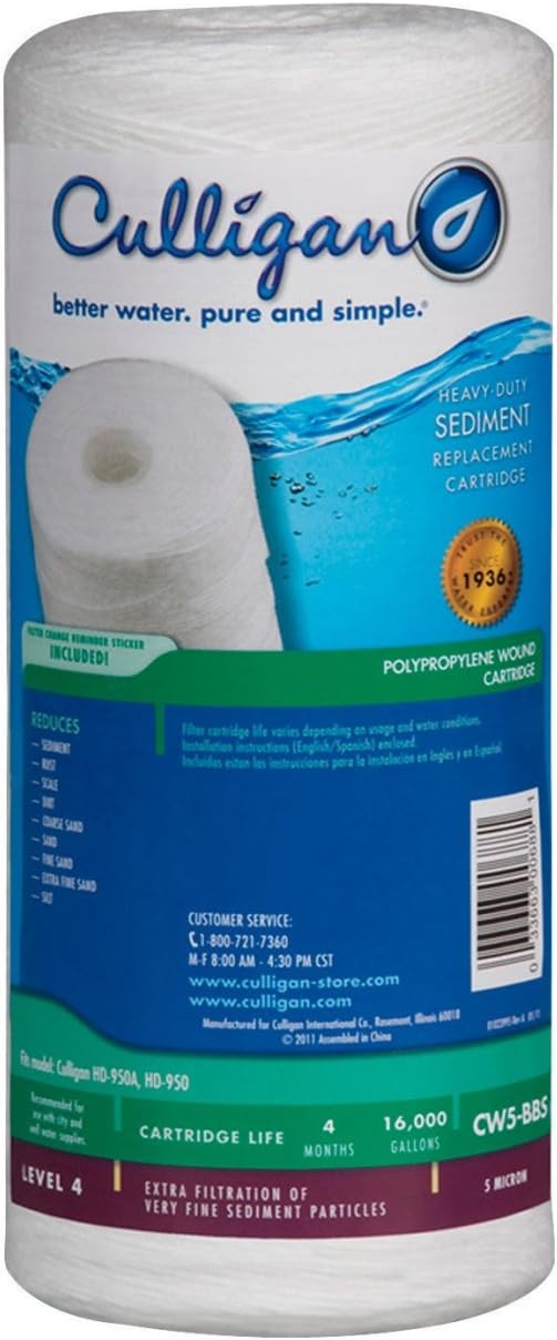 Culligan CW5-BBS Water Filter Replacement Cartridge for Whole House Water Filtration System - Premium Filter Reduces Sediment, Dirt, Scale Particles & Rust, 1 Count (Pack of 1), White