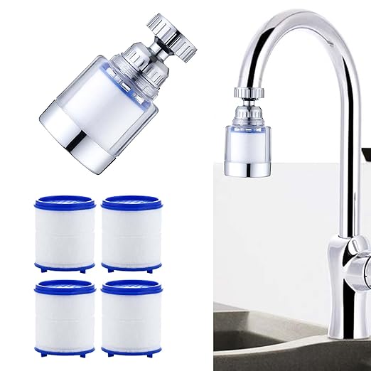 360 Rotating Faucet Water Purifier, Chlorine Reduction, Removes Fluoride, Heavy Metals, Softens Hard Water, Easy Installation, 4 Replacement Elements