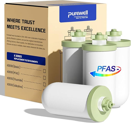Purewell K Series 4-Stage 7-In Ceramic Water Filter Replacement, Certified to Remove 99% PFAS & Chlorine, Lead, Compatible with Berkey, ProOne & Doulton Gravity Water Filter System (4-Pack)