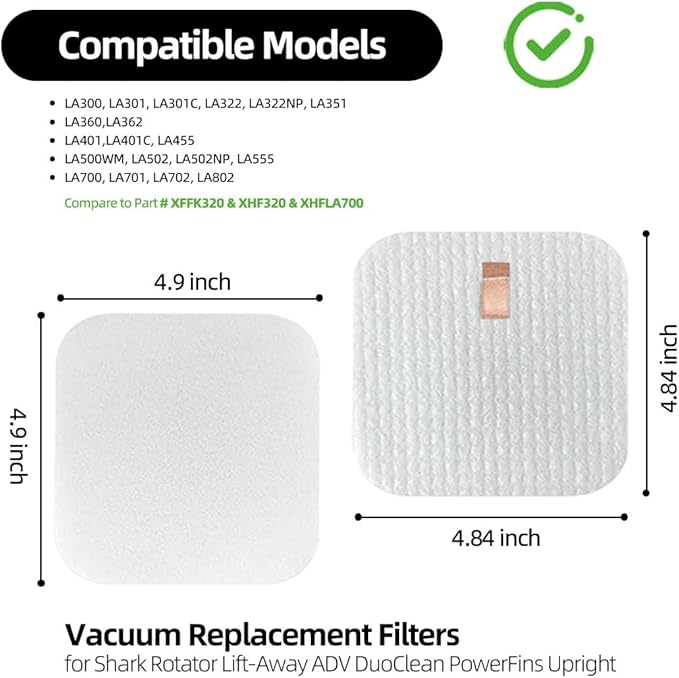 LA401 LA300 LA502 Vacuum Filter Replacement for Shark LA500, LA301, LA455, LA555, LA322 Rotator Lift Away ADV DuoClean PowerFins Upright Vacuum - Foam & Felt Filter Set for Pet Hair, Dirt, Dust