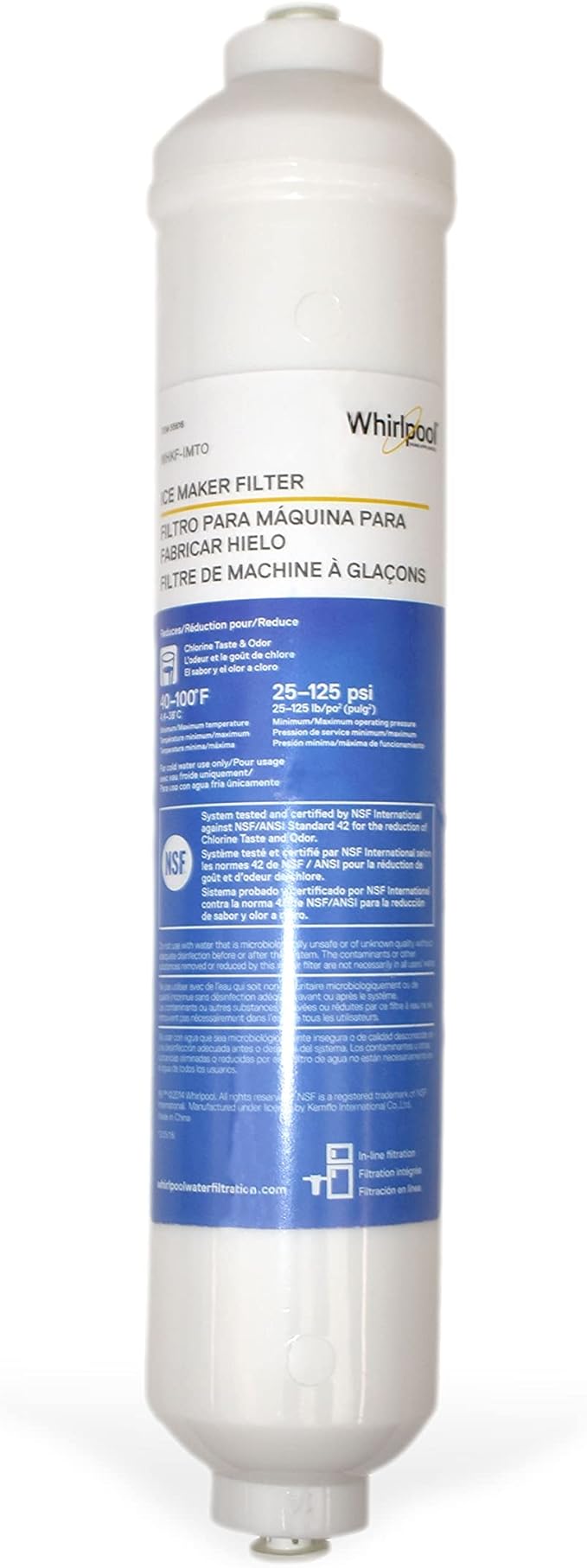 Whirlpool Inline Water Filter WHKF-IMTO, 1/4" Quick Connect Fits Refrigerator, Ice Maker, NSF/ANSI 42 Certified Reduces Chlorine Taste & Odor for Drinking Water and Filtered Ice, 6 Month Filter Life