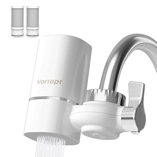 Vortopt Faucet Water Filter for Sink, Rapid Flow - 400 Gallons Faucet Mount Water Filtration System for Tap Water, NSF Certified Reduces Chlorine & Bad Taste with 2 Replacements, T1