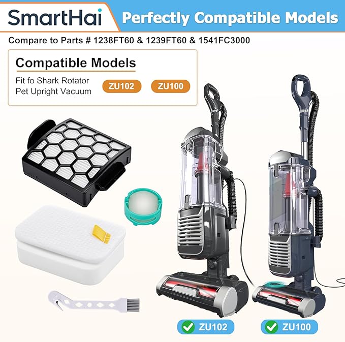ZU102 Vacuum Filters & Odor Neutralizer Cartridges Kit Compatible with Shark ZU102 ZU100 Rotator Pet Upright Vacuum, Parts # 1238FT60 & 1239FT60 & 1541FC3000