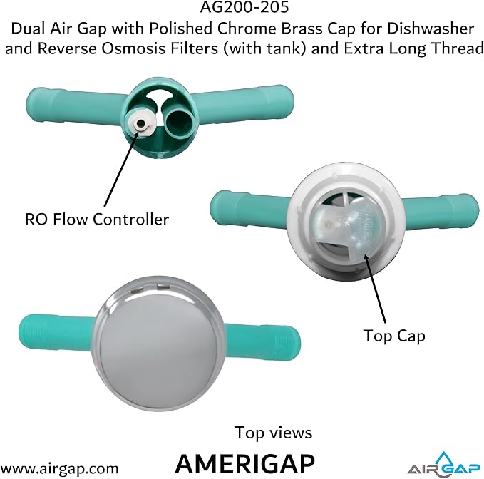 Dual Air Gap with Polished Chrome Brass Cap for Dishwasher and Reverse Osmosis Filters (with tank) and Extra Long Thread (AG200-205, AG200-X05, AMERIGAP)