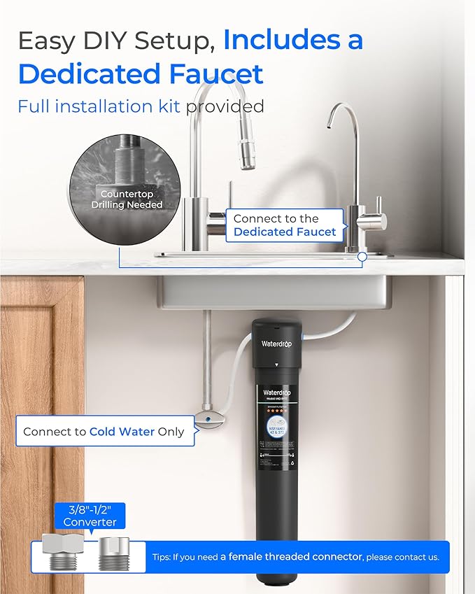 Waterdrop 17UB 3 Years Under Sink Water Filter, Under Sink Water Filtration System, NSF/ANSI 42 Certified, Reduces PFAS, PFOA/PFOS, Lead, Under Sink Water Filter with Faucet, 24K Gallons
