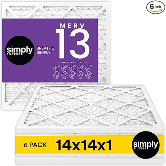 Simply 14x14x1 Air Filter, Merv 13, 6 Pack, For Home AC Furnace & HVAC (Actual Size: 13.75"x13.75"x0.75") DUST, Pet, & Allergy Control