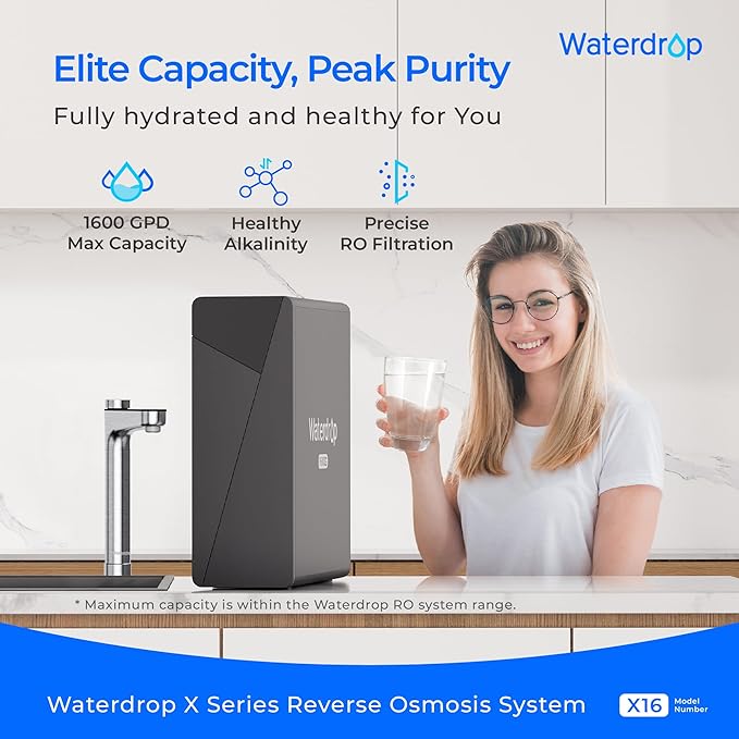 Waterdrop X16-BAS Reverse Osmosis Water Filter, Alkaline Mineral, NSF/ANSI 42&58&372 Certified, 1600 GPD, 11-Stage Filtration, UnderSink RO, 3:1 Pure to Drain, Smart Stainless Steel Faucet, BPA Free