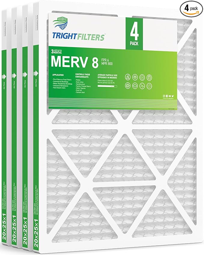 20x25x1 Air Filter 4 Pack, MERV 8 Pleated Dust Defense Air Filters Replacement Air Conditioner HVAC AC Furnace Filter, Durable and Lightweight
