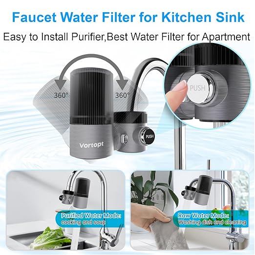 Vortopt Advanced Sink Faucet Filter,360° Rotary Faucet Water Purifier,NSF Certified Level 5 Filtration,Compatible with 99% of Faucets,T6-CTO-Black.