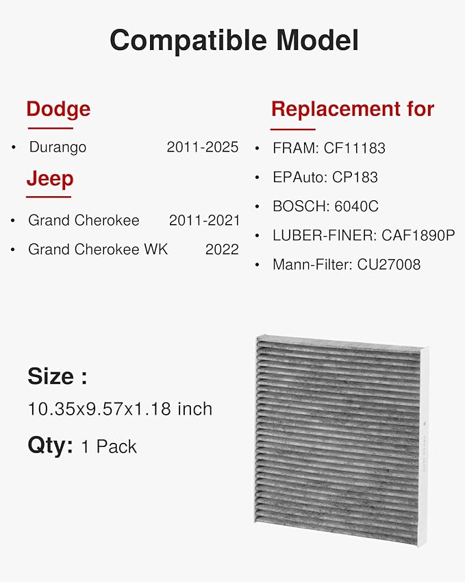 Puroma Cabin Air Filter with Activated Carbon, Replacement for CF11183, CP183, 6040C, Dodge Durango, Jeep Grand Cherokee, Grand Cherokee WK