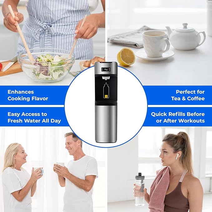 iSpring Bottleless Water Dispenser with 4-Stage Filtration, SGS-Tested 99% of PFAS Removal, Water Cooler Dispenser - Hot, Cold, Room Temp, Self Cleaning, Stainless Steel, Silver, Model: DS4S-PF