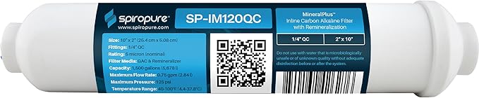 SpiroPure SP-IM120QC Inline Alkaline Carbon Water Filter, MineralPlus Remineralization, 1/4" Quick-Connect 2” x 10”, Remineralizing for RO System, Refrigerators (1 Pack)