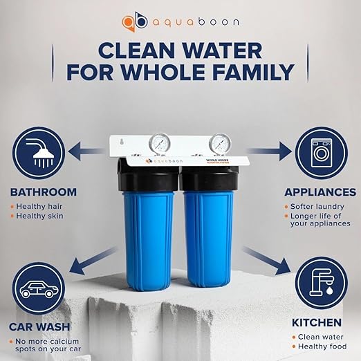 Aquaboon 2-Stage Whole House Water Filter System with 5 Micron 10x4.5 Sediment/Anti-Scale and KDF Heavy Metals Water Filter Purification Cartrige, Pressure Gauges, Wrench, Bracket