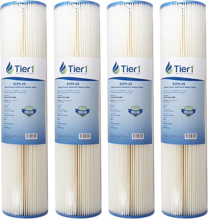Tier1 5 Micron 20x4.5 Water Filter | Pleated Polyester Whole House Sediment Cartridge | Replacement for Pentek ECP5-20BB, 255494-43, 4PAY5 | Fine Sediment Control | 4.5 x 20 Water Filter (4-Pack)