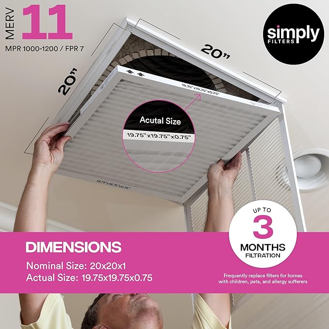 Simply 20x20x1 Air Filter, Merv 11, 4 Pack, For Home AC Furnace & HVAC (Actual Size: 19.75"x19.75"x0.75") DUST, Pet, & Allergy Control