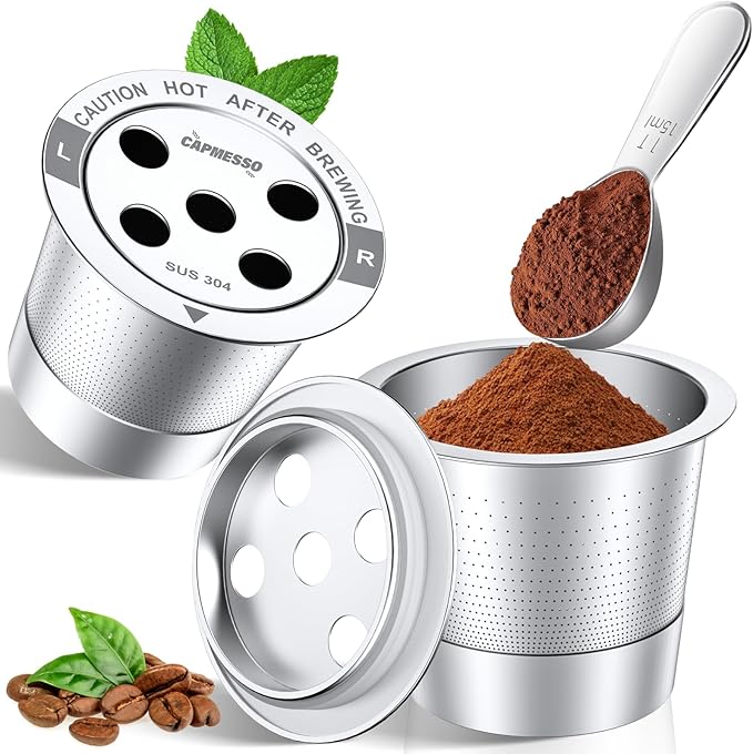 CAPMESSO Reusable K Cups for Keurig: 2026 All Stainless Steel Refillable Coffee Pods Metal Coffee Filters with 5 Holes & Scoop - for K Supreme/K Slim/K-Duo 2/K-Brew Chill MultiStream Maker (2 Pack)
