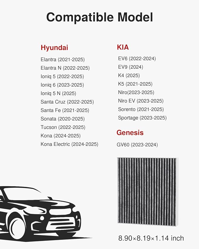 Puroma Cabin Air Filter with Activated Carbon, Replacement for CF12820, Compatible with Hyundai Elantra, Ioniq, Santa Cruz, Santa Fe, Sonata, Tucson, KIA K5, Niro, Sorento, Sportage, Genesis GV60