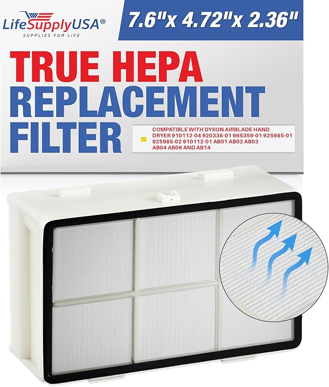 LifeSupplyUSA True HEPA Filter Replacement Compatible with Dyson AirBlade Hand Dryer 910112-04 920336-01 965359-01 925985-01 925985-02 910112-01 AB01 AB02 AB03 AB04 AB06 and AB14 Air Purifier