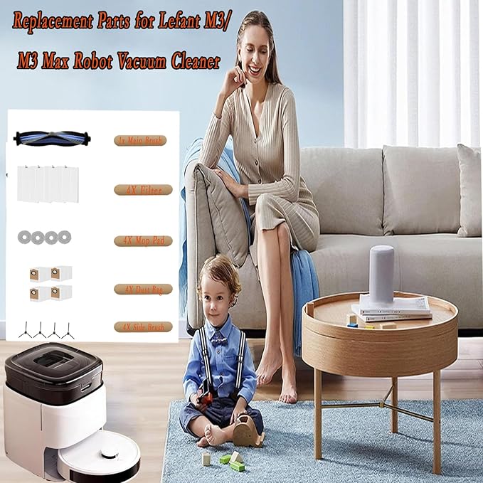 Replacement Parts for Lefant M3 Robot Vacuum Cleaner Accessories kit, 17Pcs 1 Main Brush 4 HEPA Filter 4 Mop Pad 4 Dust Bag 4 Side Brush