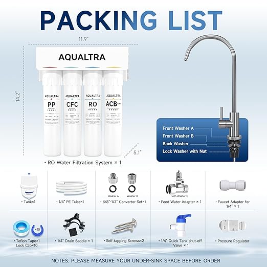 AQUALTRA USF-4RF-100 100 GPD Alkaline Reverse Osmosis System 3: 1 Pure to Drain Under Sink Water Filtration System with Dedicated Faucet