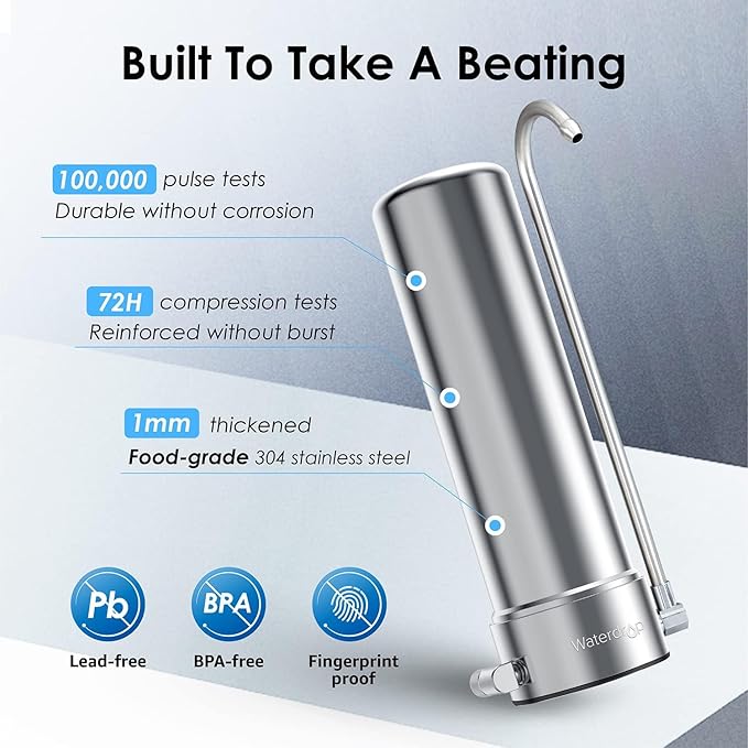 Waterdrop Water Filter for Sink Faucet, NSF/ANSI 42 Certified Countertop Water Filter System, 5-Stage Stainless Steel Faucet, 16000 Gallons, Reduces Heavy Metals and 99% Chlorine, WD-CTF-01(2 Filters)