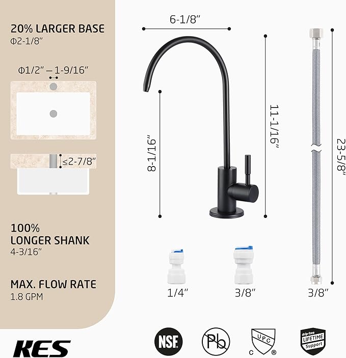 KES NSF Certified Reverse Osmosis Faucet, RO Lead-Free Water Filter Faucet Drinking Water Faucets Kitchen Faucet Non-Air-Gap 304 Stainless Steel Matte Black, Z504CLFF18-BK