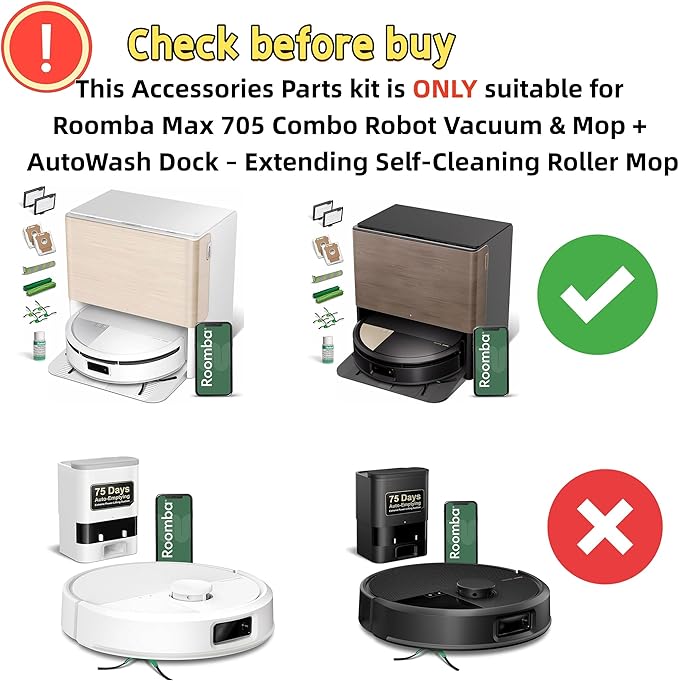 Replacement Parts Accessories kit for iRobot Roomba Max 705 Combo Robot + AutoWash Dock Vacuum Cleaner, 1 Set Roller Brush 4 Dust Bag 4 HEPA Filter 3 Pairs Side Brush