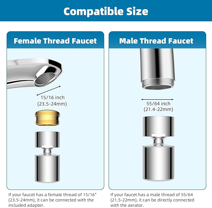 Hibbent NSF/ANSI/CAN 61 Certified Faucet Aerator, CUPC Certification 360° Twist Kitchen Sink Aerator, Dual-function Sink Sprayer Attachment, Faucet Replacement Part 55/64'' Female Thread, Chrome