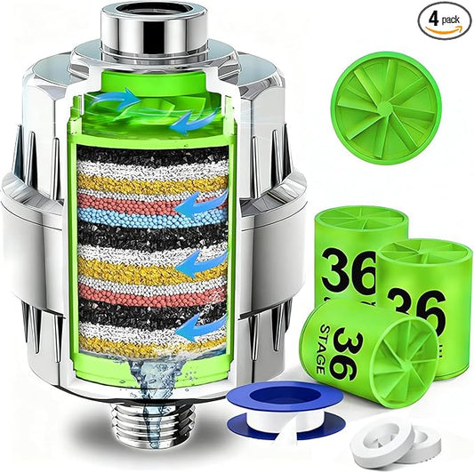 36-Stage Shower Head Filter With Vitamin C E for Hard Water - 3 Replaceable Cartridges, High Output Water Filter for Removing Chlorine and Fluoride, Polished Chrome