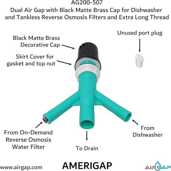 Dual Air Gap with Black Matte Brass Cap for Dishwasher and Tankless Reverse Osmosis Filter and Extra Long Thread (AG200-507, AG200-X07, AMERIGAP)