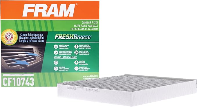 FRAM Fresh Breeze Cabin Air Filter Replacement for Car Passenger Compartment w/Arm and Hammer Baking Soda, Easy Install, CF10743 for Select Chrysler and Nissan Vehicles , white