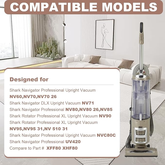 Vacuum Filters Replacement for Shark NV60 NV70 NV70 26 NV71 NV80 NVC80C NV80 26 NV90 NV95 UV420 NV90 26 Navigator Professional Upright Vacuum,2 HEPA Filter, 4 Foam & 4 Faux Felt Filters # XFF80 XHF80