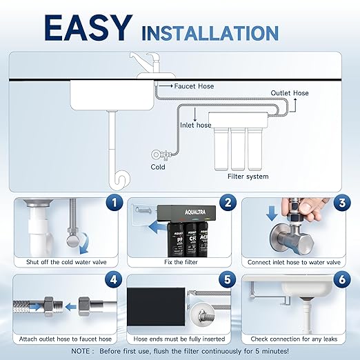 AQUALTRA USF-3B-10 Slightly Alkaline Under Sink Water Filter System, 8K-32K Gallons, 0.5 μm Carbon Fiber Filter Reduces Chlorine, Chloramine, Fluoride, Bad Taste & Odor