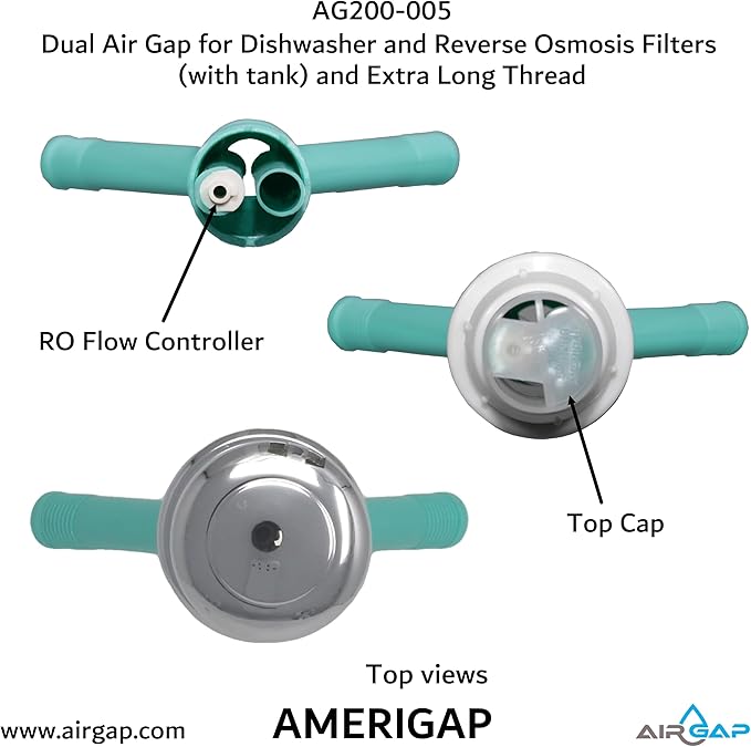 Dual Air Gap for Dishwasher and Reverse Osmosis Filters (with tank) and Extra Long Thread (AG200-005, AG200-002, T52 RO KIT, AMERIGAP)