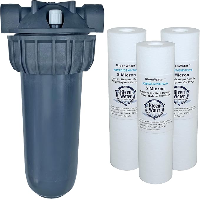 KleenWater Hot Water Filter (1), Mounting Bracket (1), High Temp Cartridges, 5 Micron (3), Spare O-ring (1), Filter Wrench (1)