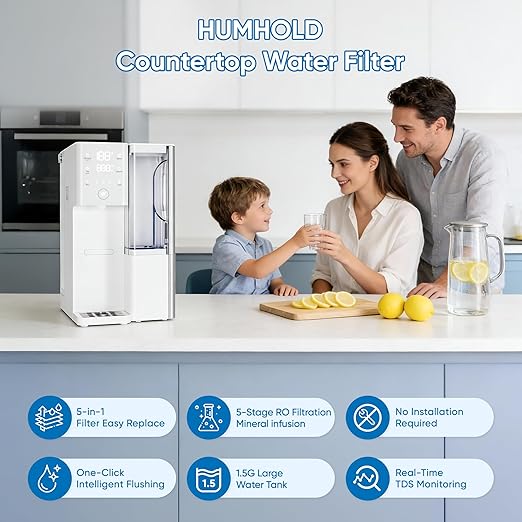 Reverse Osmosis Water Filter Countertop with Instant Hot Water, 4:1 Pure to Drain Ratio, TDS & Filter Life & Autofill Pitcher, 4 Temperature Settings (59℉-197℉), No Installation for Home/RV/Office
