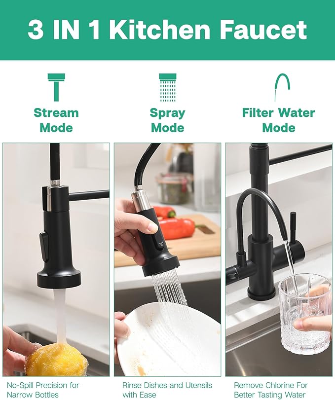 GIMILI 3 in 1 Kitchen Faucet with Pull Down Sprayer Matte Black Two Handle Kitchen Sink Faucet with Under Sink Water Filter System Reduces PFAS, PFOA/PFOS, Lead, Chlorine, Bad Taste & Odor