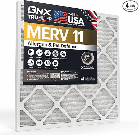 BNX TruFilter 12x30x1 Air Filter MERV 11 (4-Pack) - MADE IN USA - Allergen Defense Electrostatic Pleated Air Conditioner HVAC AC Furnace Filters for Allergies, Dust, Pet, Smoke, Allergy MPR 1200 FPR 7