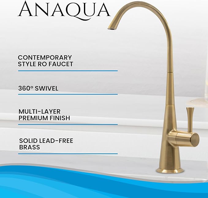 Metpure Airgap 3-Port Brass RO Faucet for Reverse Osmosis Drinking Water Systems. Features Pre-Installed Drain Tubes, Contemporary Design. Includes Wrench and Adapters. (Brushed Gold)