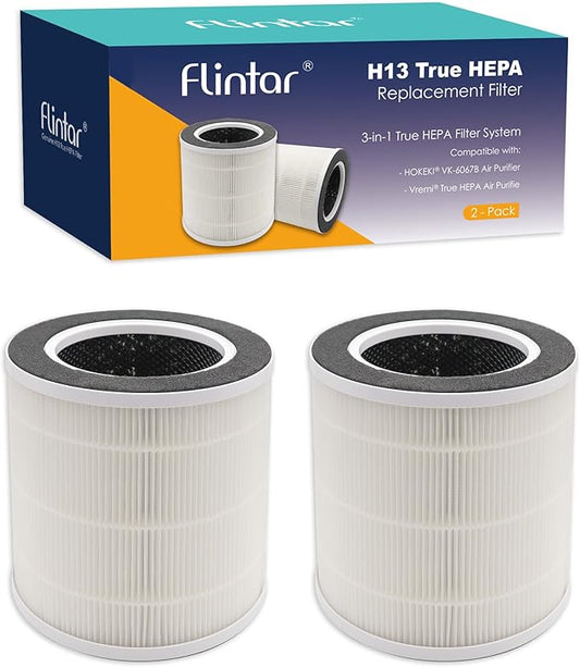 Flintar VK-6067B Replacement Filters, Compatible with Vremi and HOKEKI VK-6067B Air Purifier, 3-in-1 H13 Grade Filtration and Activated Carbon Filter Set (2 - Pack)